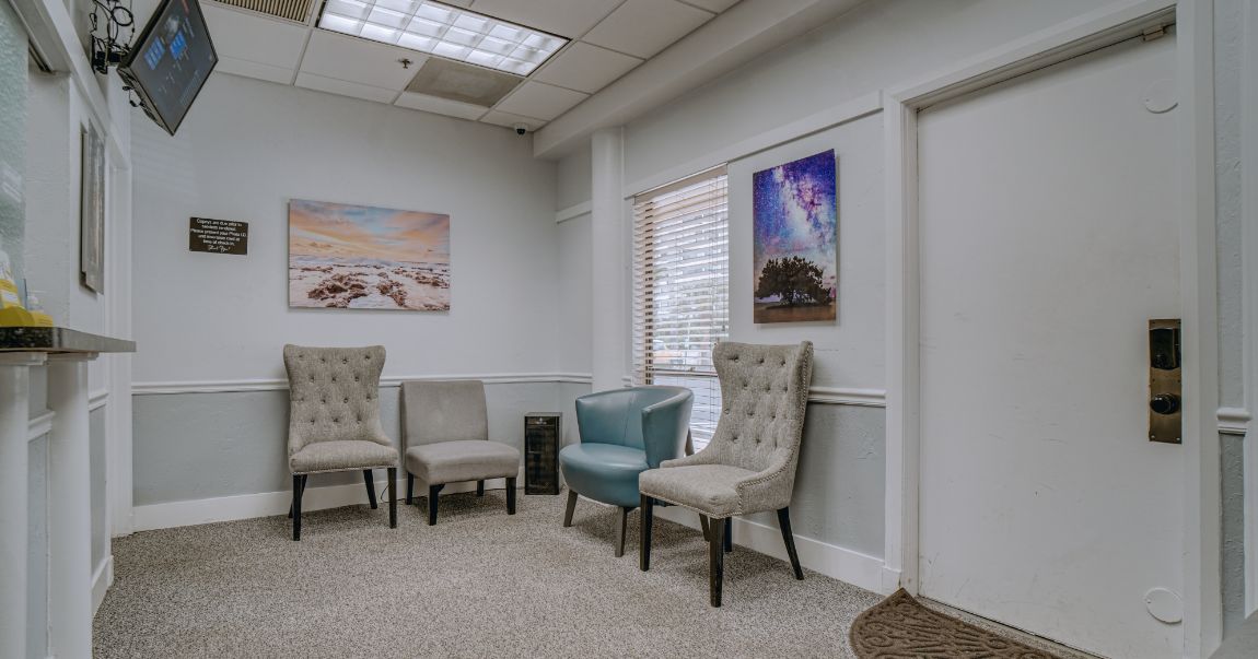 Wide shot of waiting room in dental office